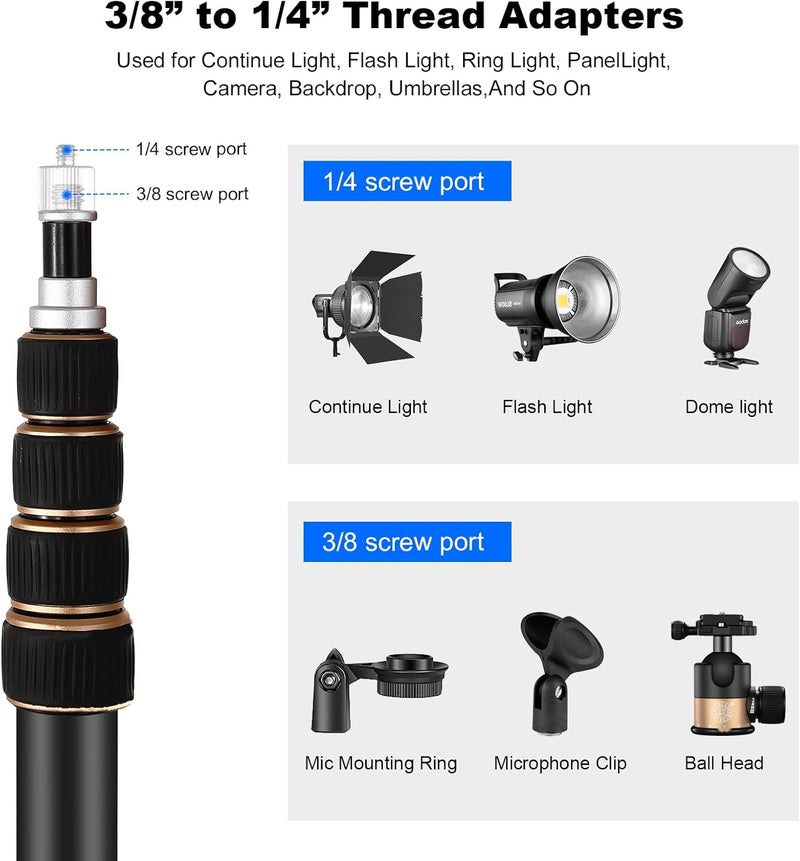 soonpho Extendable Photography Light Stand 8.5ft Aluminium Alloy Tripod Light Photography with 180° Reversible Leg Travel Compact Tripod Maximum Height 102"/260cm for Continute Output Lighting - Image 5